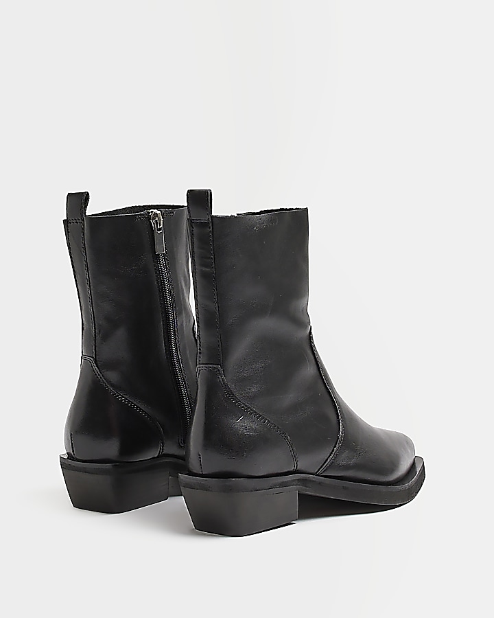 Black leather western ankle boots