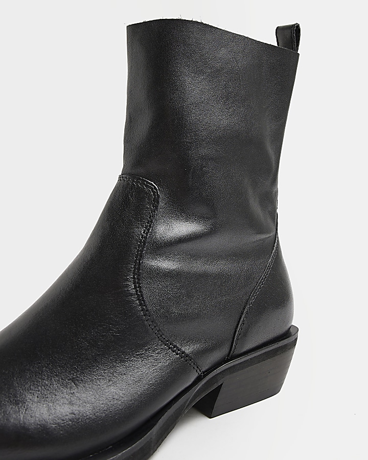 Black leather western ankle boots