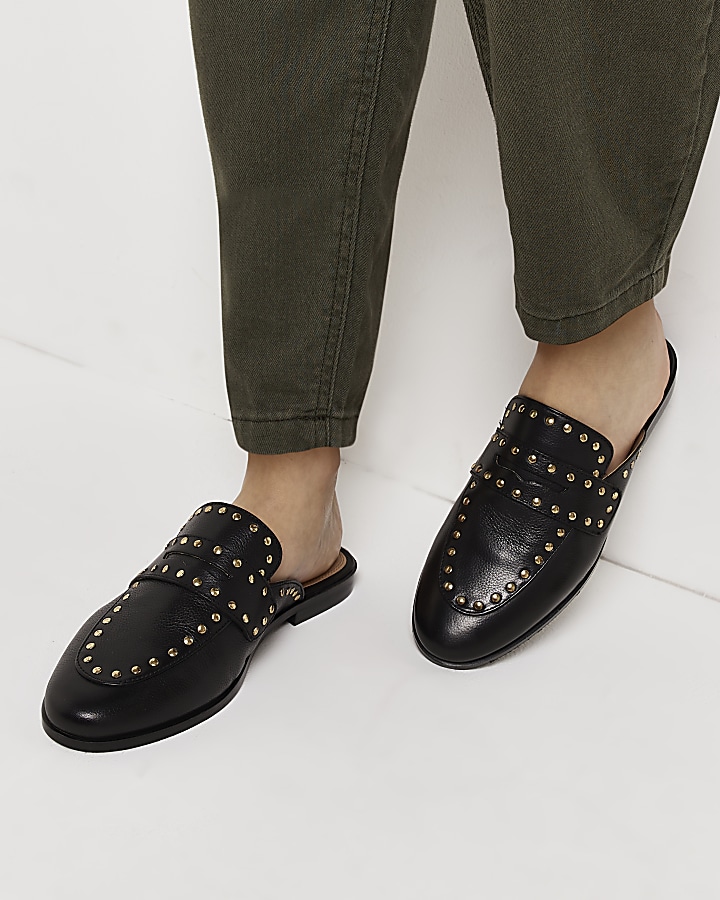 Black wide fit leather backless loafers