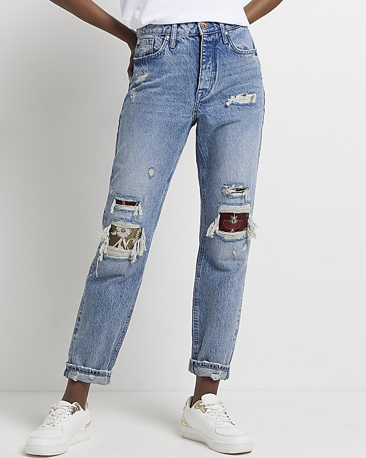 Blue ripped high waisted mom jeans | River Island