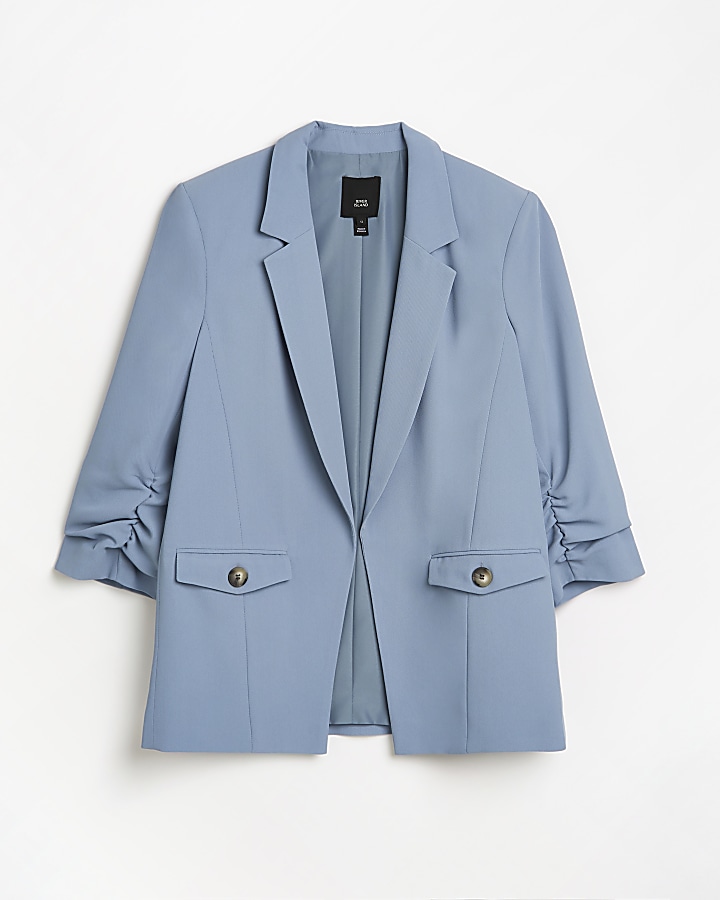 Blue ruched sleeve blazer