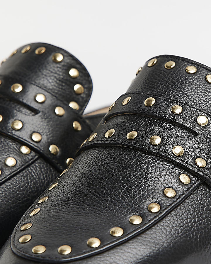 Black studded leather backless loafers