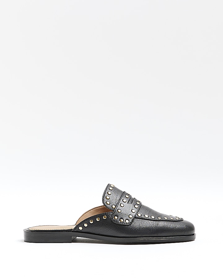 Black studded leather backless loafers