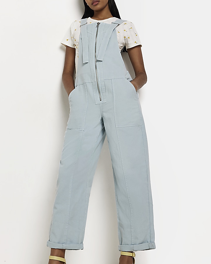 Blue zip front denim dungarees