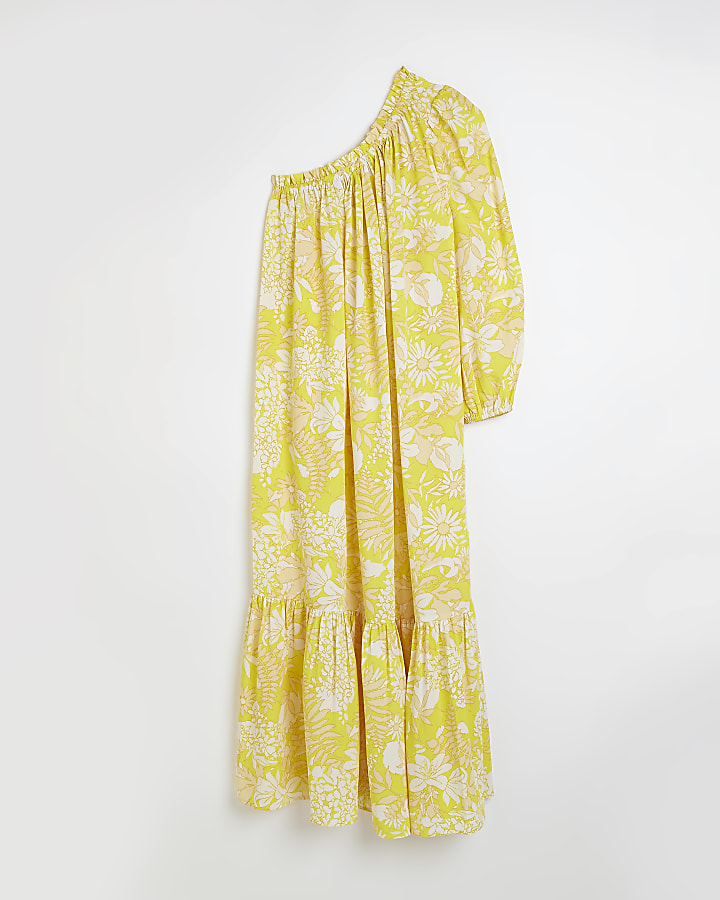 Yellow floral one shoulder maxi dress