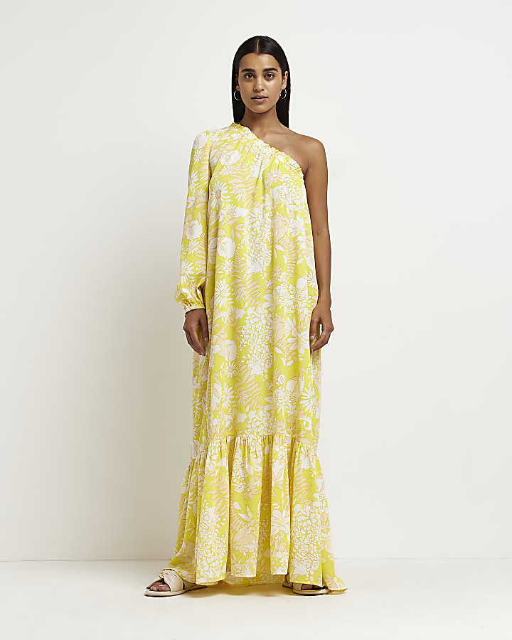 Yellow floral one shoulder maxi dress