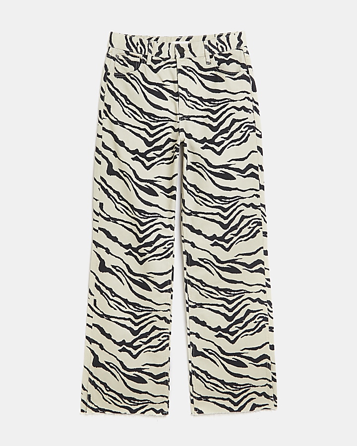 Ecru zebra print high waisted wide leg jeans