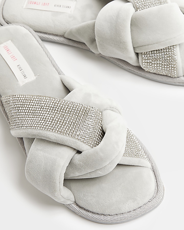 Grey embellished slippers