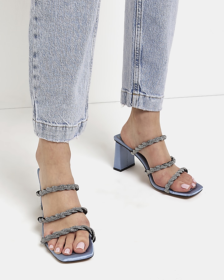 Blue wide fit diamante heeled mules