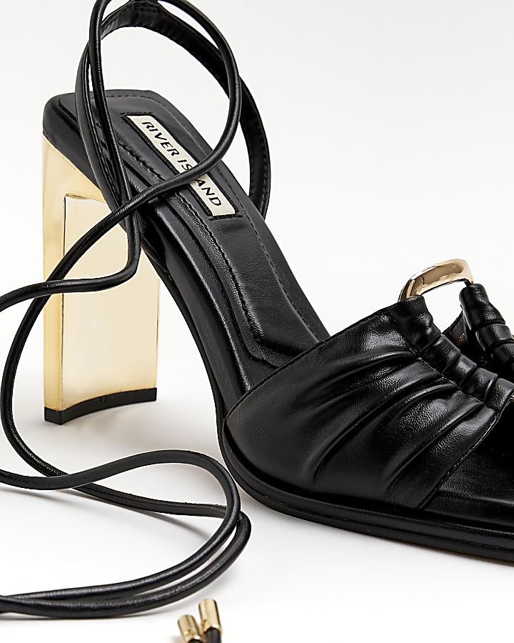 Black ankle tie heeled sandals