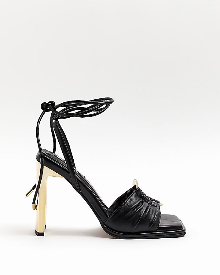 Black ankle tie heeled sandals