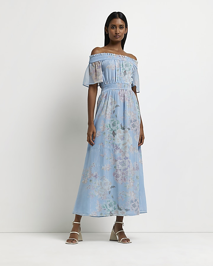 Blue floral bardot maxi dress