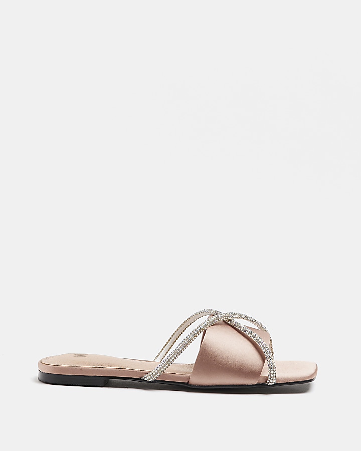 Pink satin diamante sandals River Island