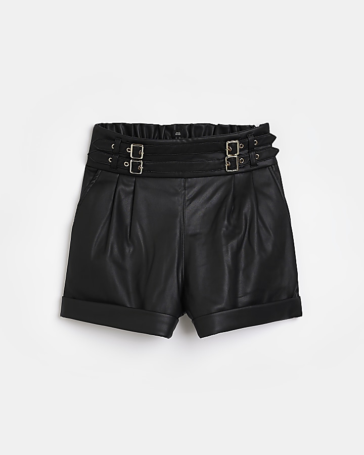 Black faux leather paperbag shorts