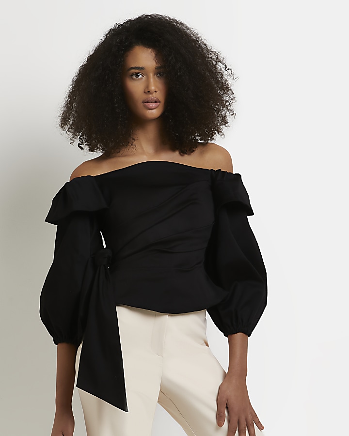 Black ruffle bardot top River Island