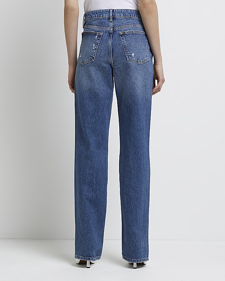 Blue ripped high waisted straight leg jeans | River Island