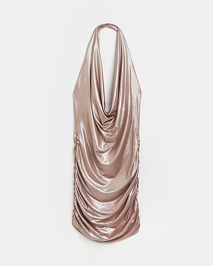 Rose gold ruched bodycon midi dress