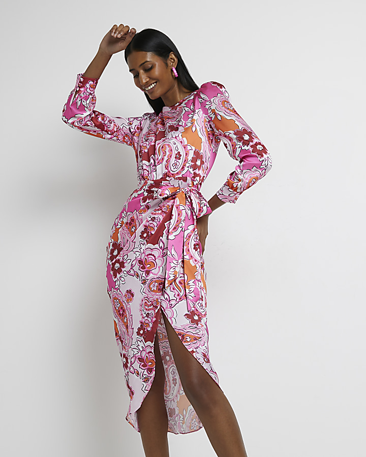 Pink floral satin wrap midi dress