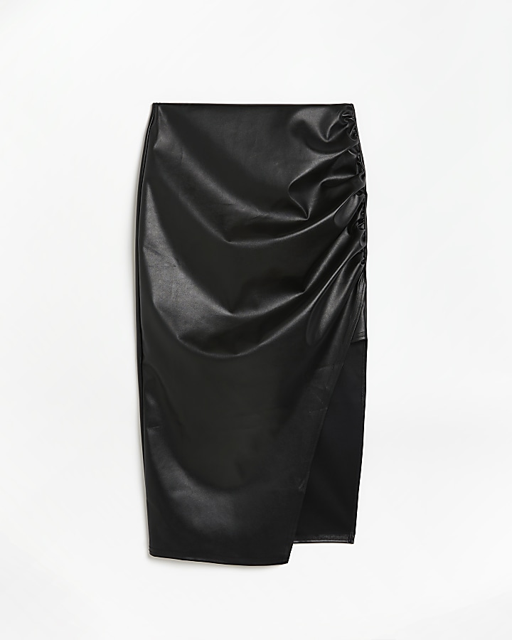 Black faux leather ruched midi skirt