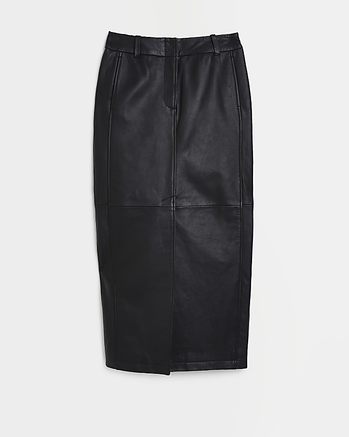 Black leather split hem midi skirt
