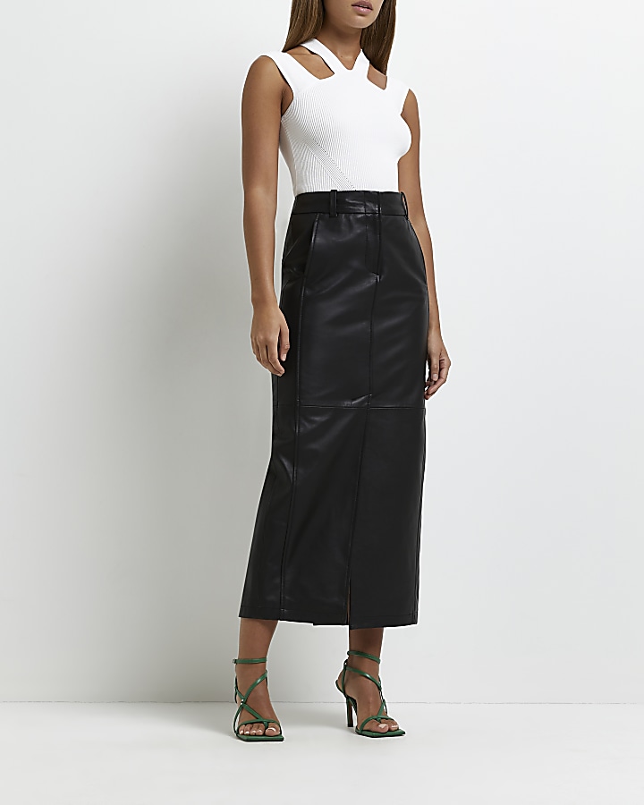 Black leather split hem midi skirt