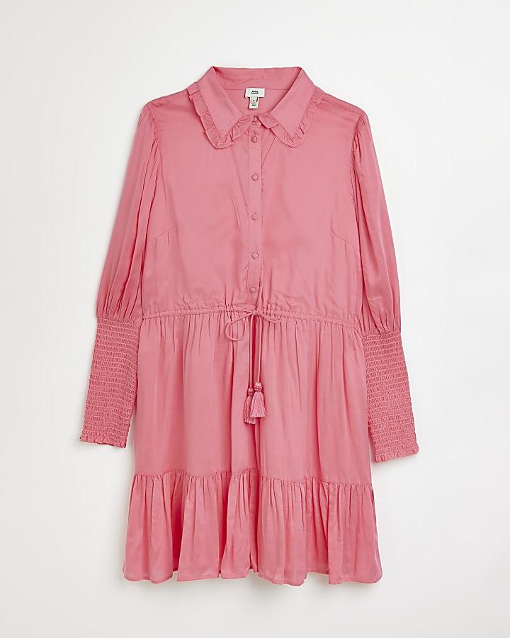 Pink shirred mini shirt dress