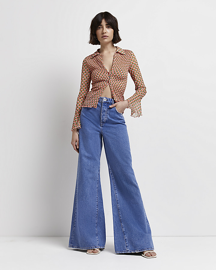 River Island wide leg flared jeans with panel detail in medium blue