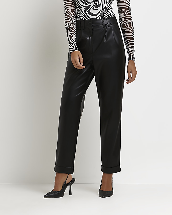 Black faux leather high waisted trousers | River Island