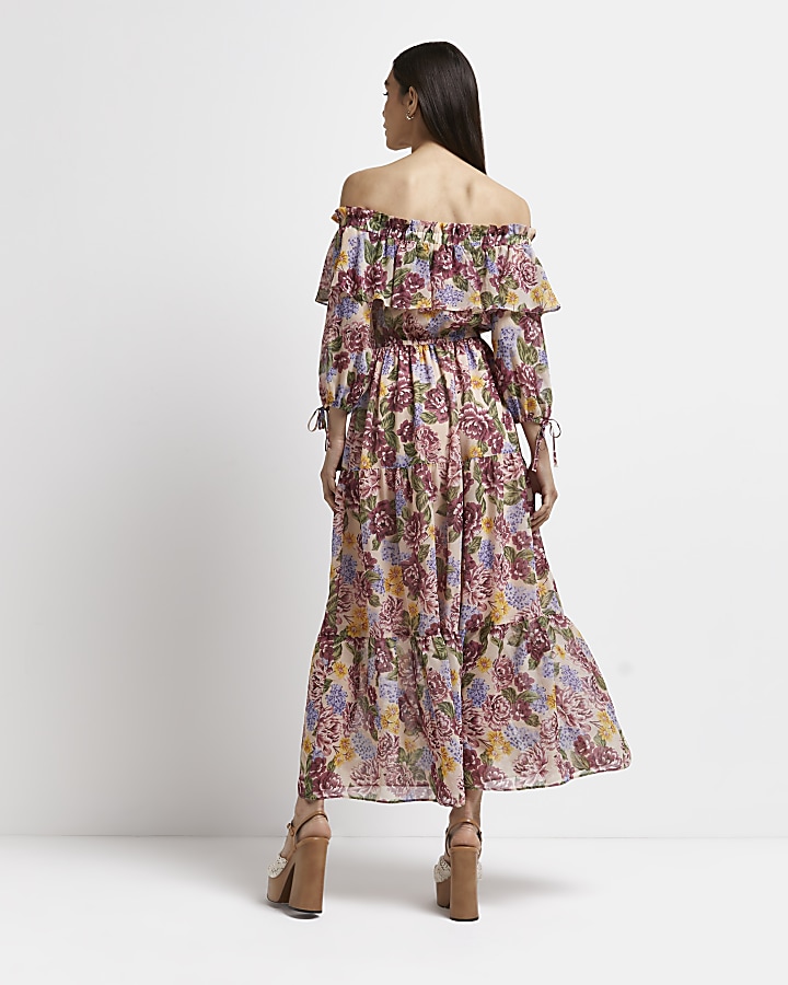 Beige floral bardot maxi dress