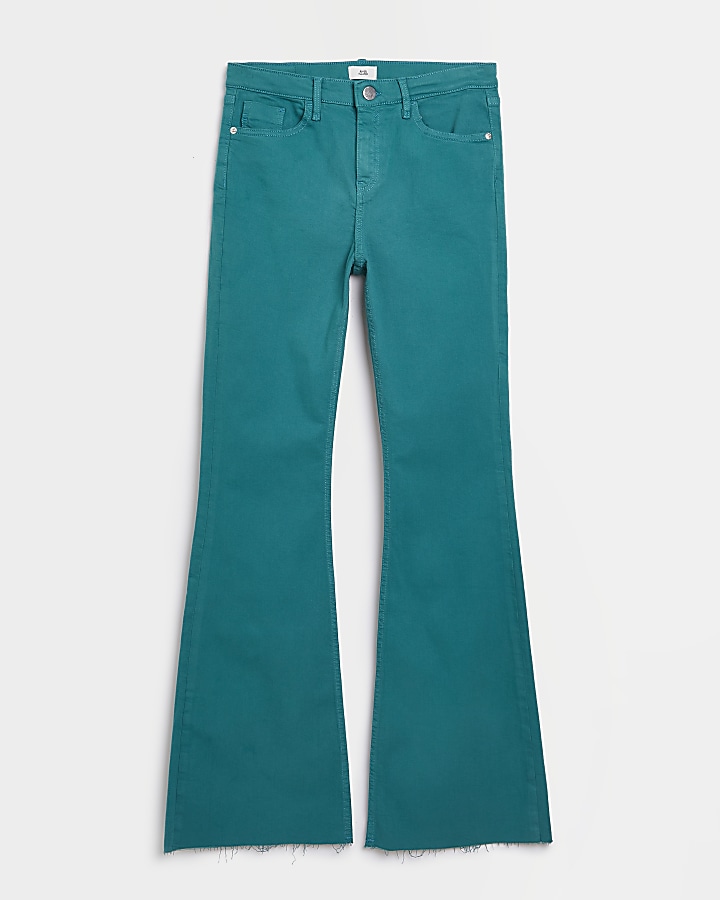 Green mid rise flared jeans