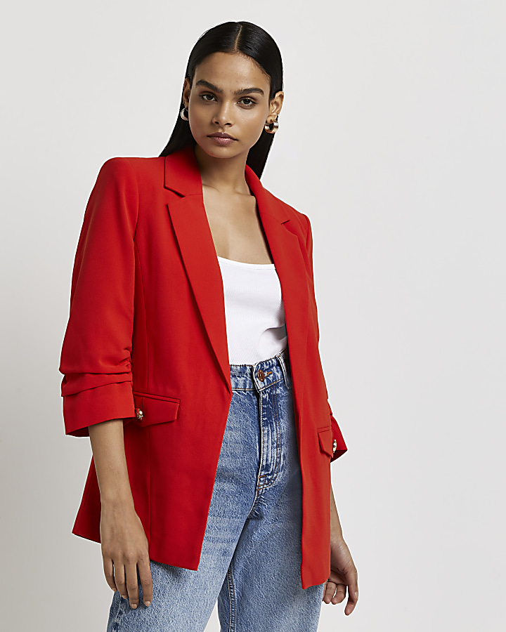 Red ruched sleeve blazer