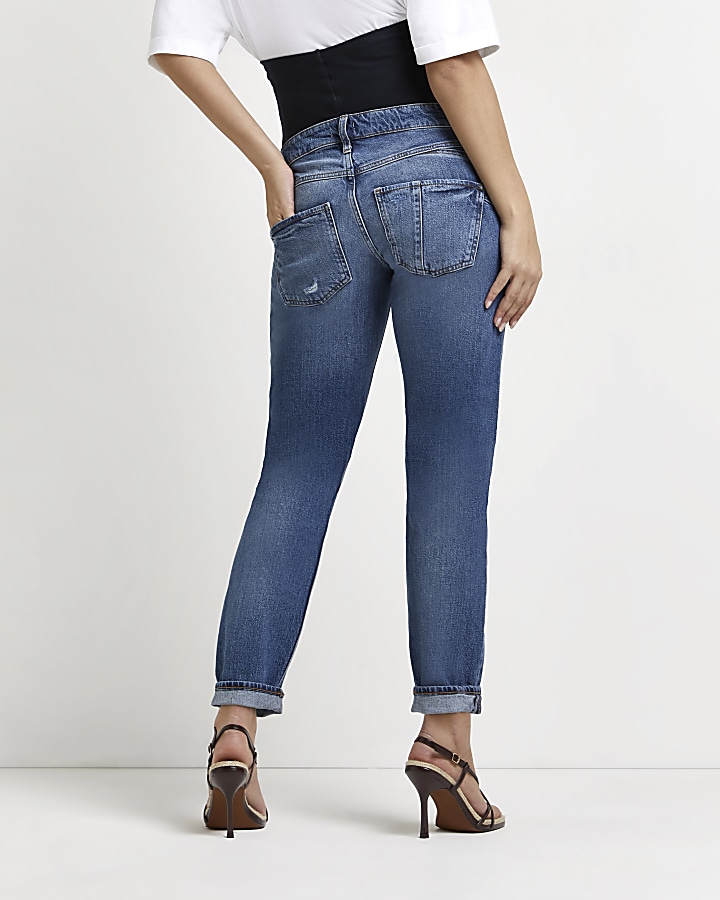 Blue ripped mid rise maternity mom jeans | River Island