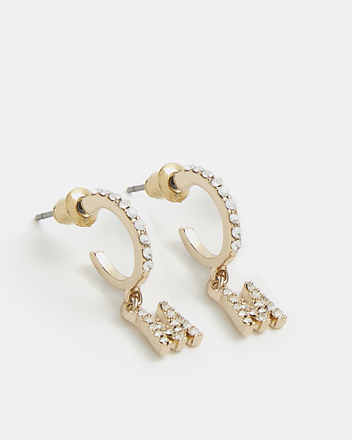 Gold diamante letter 'M' drop earrings