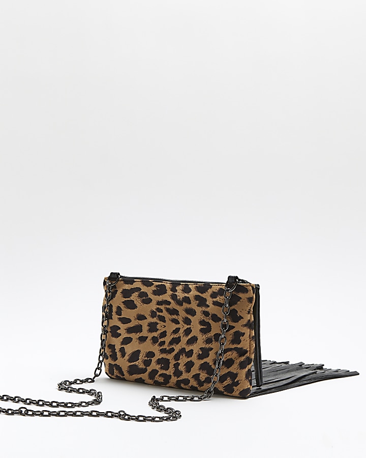 Brown leopard print fringed cross body bag River Island