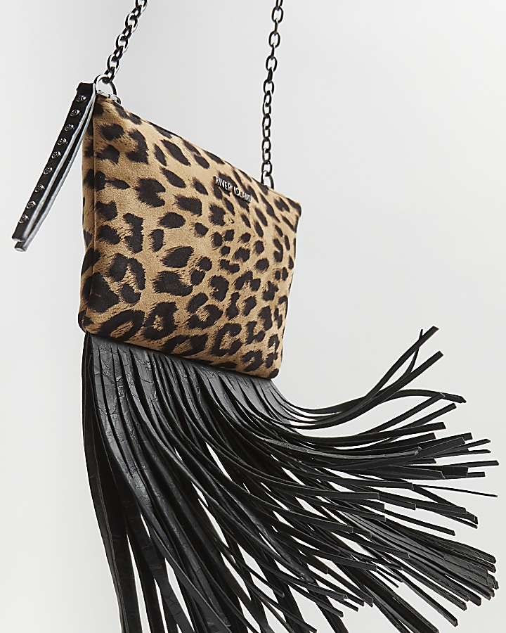 Brown leopard print fringed cross body bag River Island