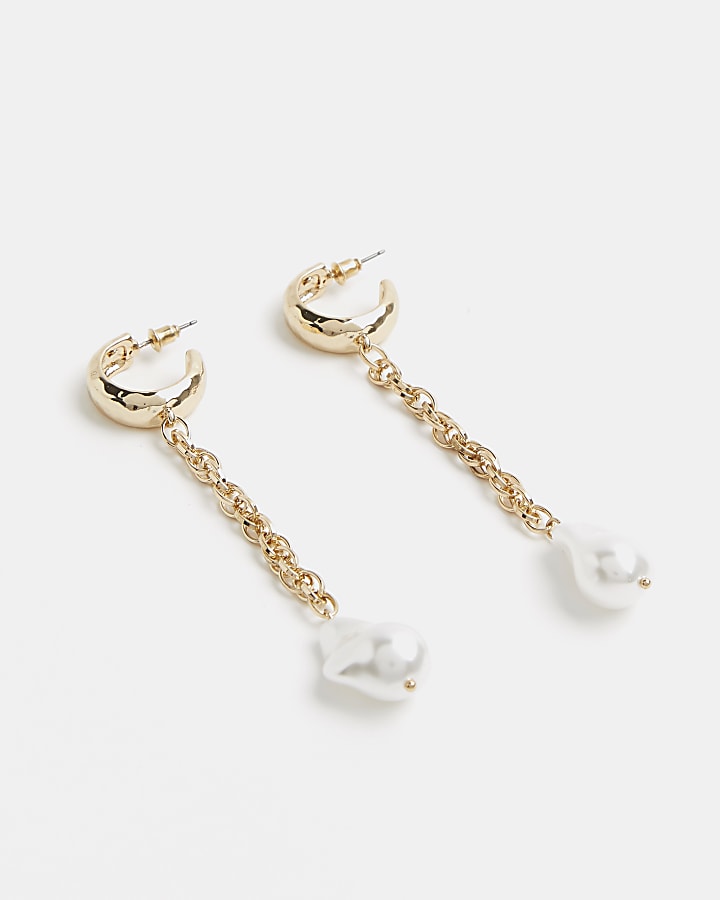 Gold chain link pearl drop earrings