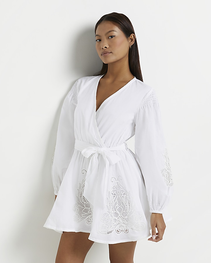 White embroidered sales wrap dress