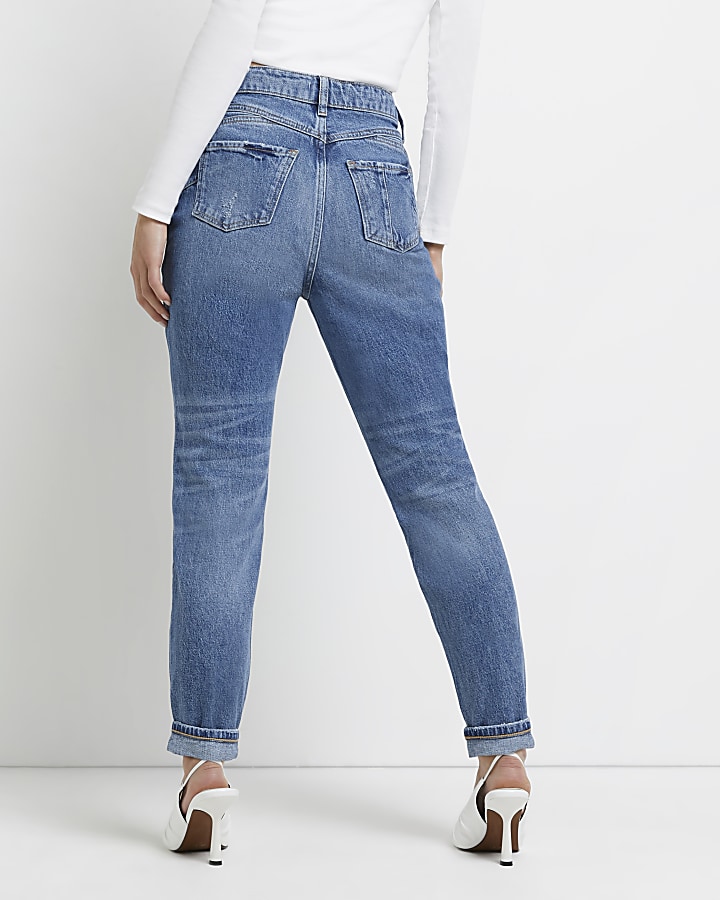 Petite blue high waisted ripped mom jeans
