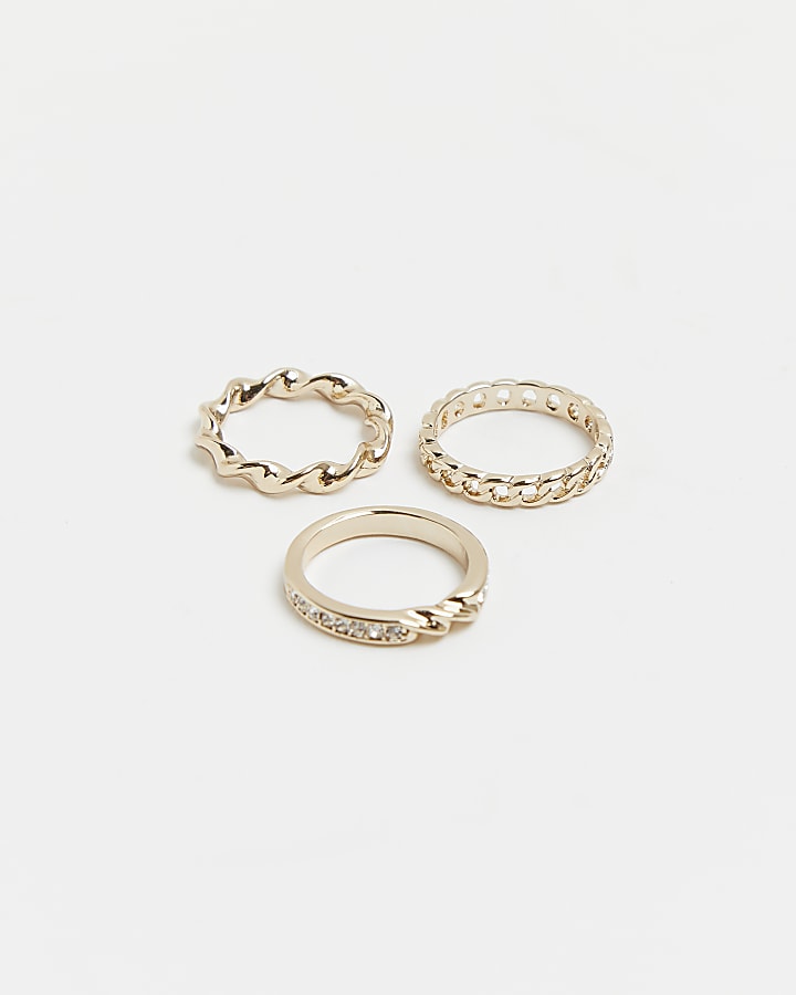 Gold diamante chain link ring multipack