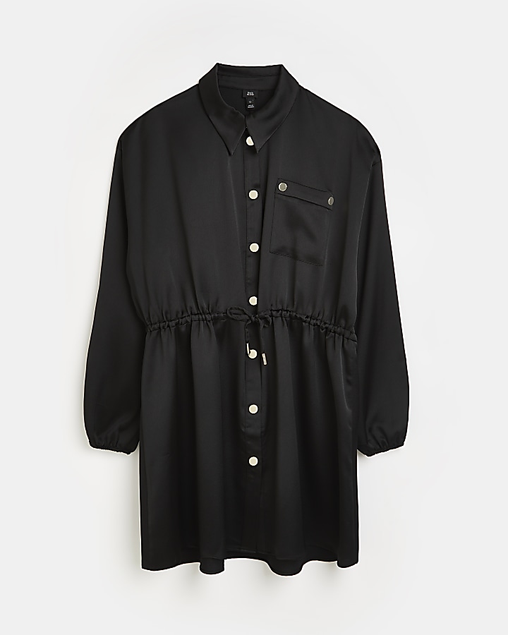 Black satin mini shirt dress