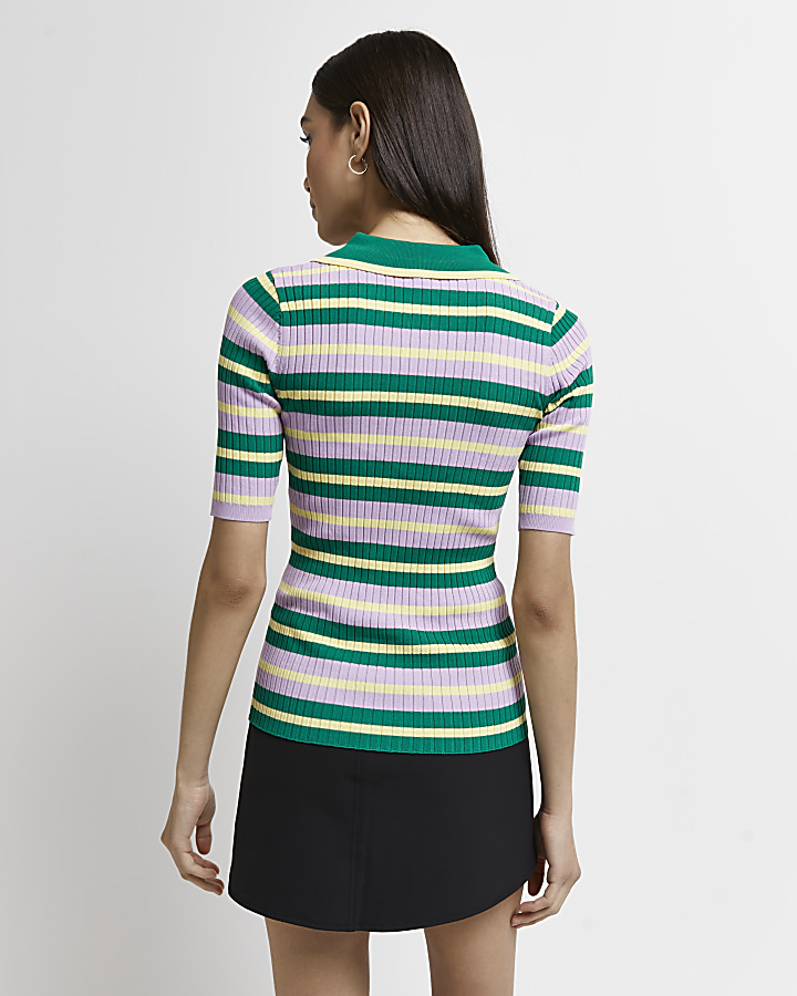 Green striped knitted zip neck top