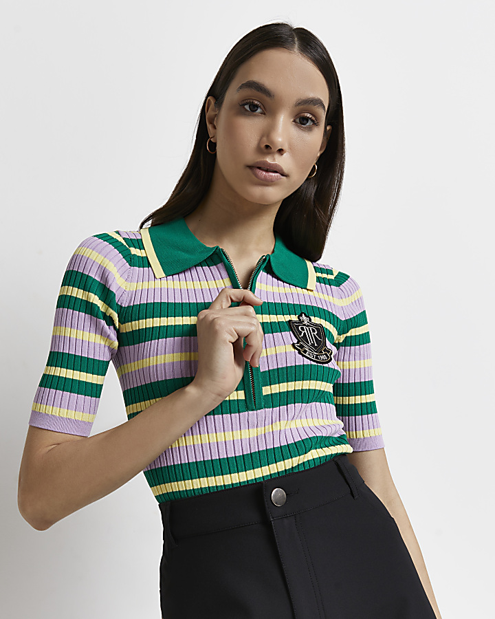 Green striped knitted zip neck top