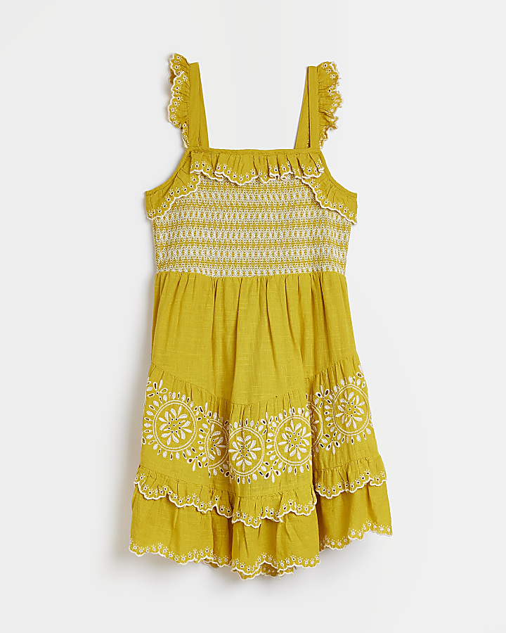 Yellow broderie mini dress