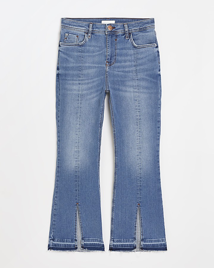 Blue mid rise cropped flared jeans | River Island