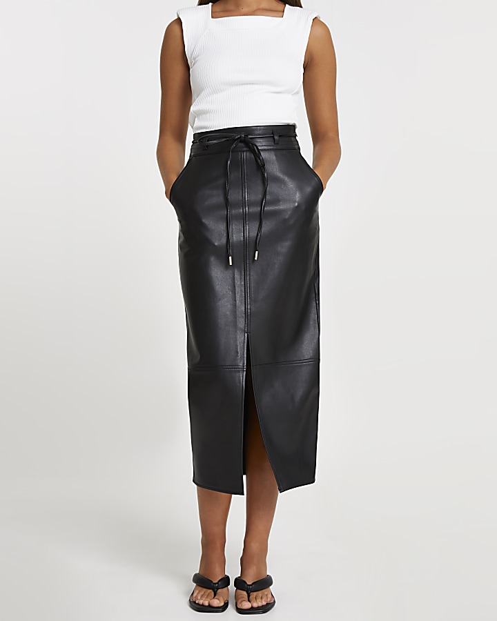 Black faux leather tie waist midi skirt | River Island