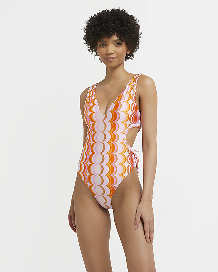 Orange printed plunge swimsuit