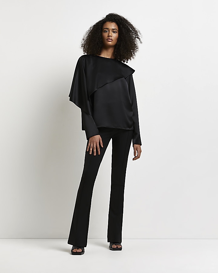 Black satin asymmetric blouse