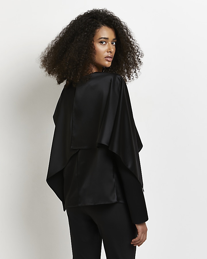 Black satin asymmetric blouse | River Island