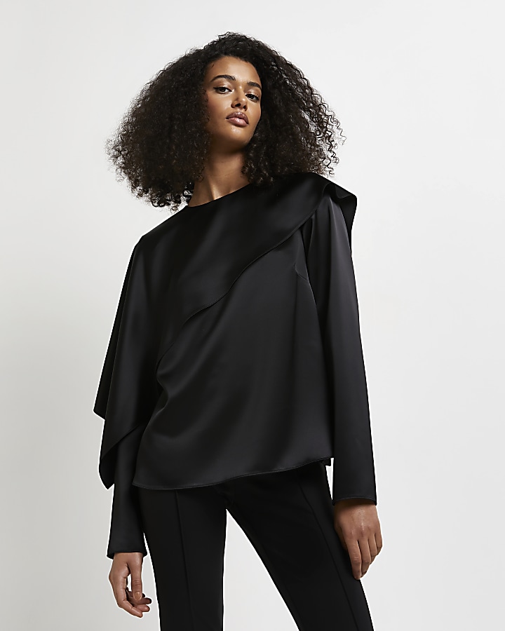 Black satin asymmetric blouse