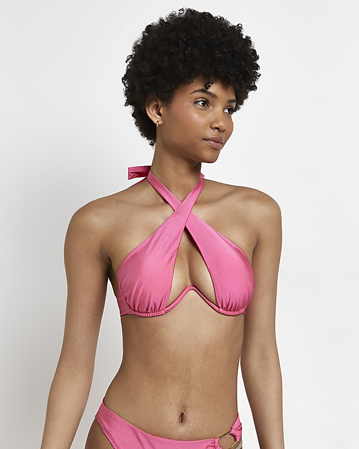 Pink halter neck bikini top